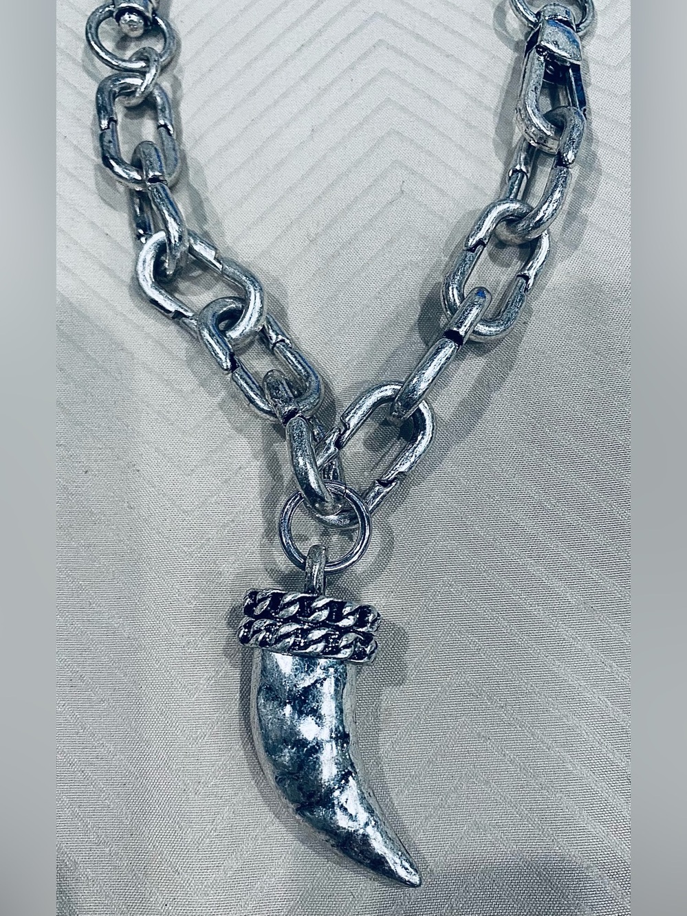 Chunky Silver Chain Necklace with Horn Pendant Switches to Two Bracelets